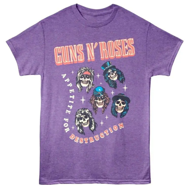 Vibrant purple Guns N' Roses graphic tee with skull and band member illustrations for rock music fans.