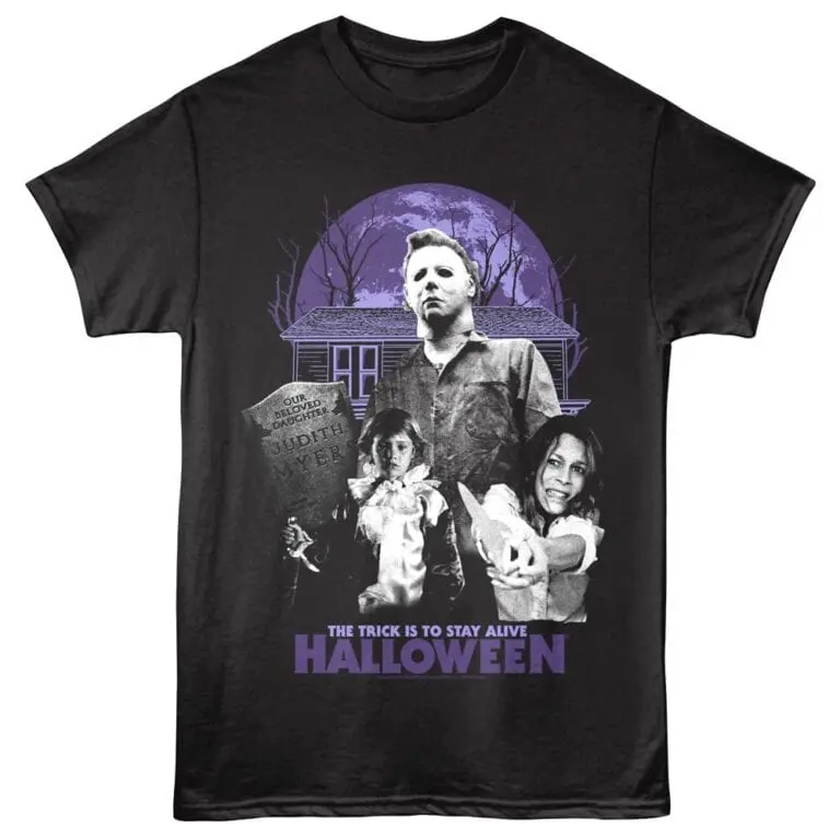 Spooky Halloween horror movie t-shirt featuring Michael Myers, ghostly house, and eerie moon background.