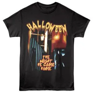 Spooky Halloween T-shirt featuring horror movie style graphics and eerie text for Halloween parties and fans.