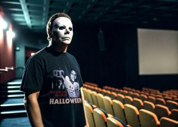 A person wearing a Michael Myers Halloween T-shirt inside a dimly lit movie theater with rows of seats.