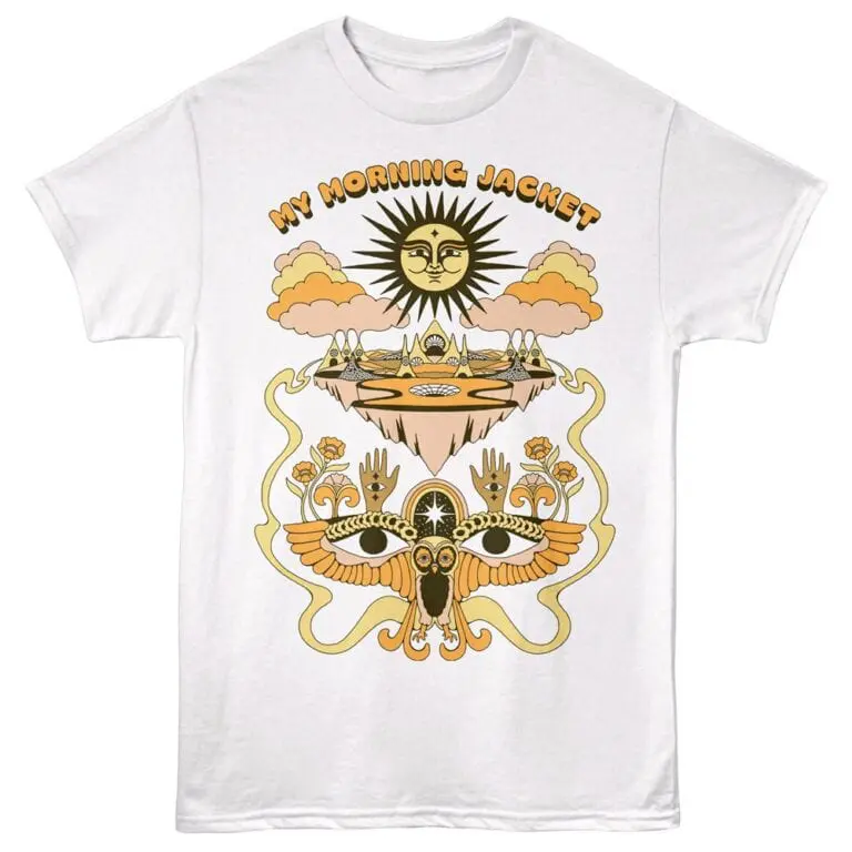 Unique band-inspired graphic T-shirt featuring "My Morning Jacket" design with celestial and mystical imagery.