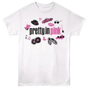 Pink-inspired fashionable t-shirt featuring vintage music and style illustrations.