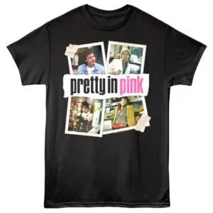 Retro "Pretty in Pink" T-shirt featuring iconic female characters from the classic 80s film with bold graphic design.