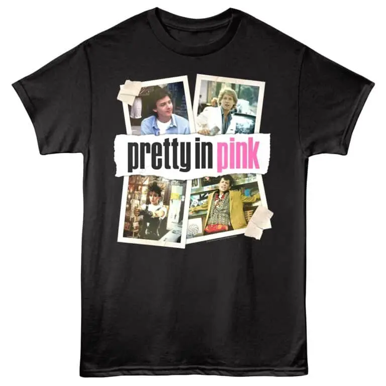 Retro "Pretty in Pink" T-shirt featuring iconic female characters from the classic 80s film with bold graphic design.