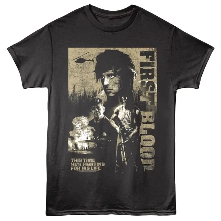 Graphic tee featuring a firefighter and a young woman with a helicopter in the background, inspired by horror or thriller themes.