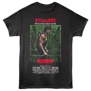 Vintage Rambo Stallone black graphic tee with jungle image and action movie quote.
