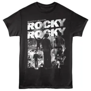 Black Rocky logo graphic T-shirt with movie scene print, perfect for fans of boxing and classic films.