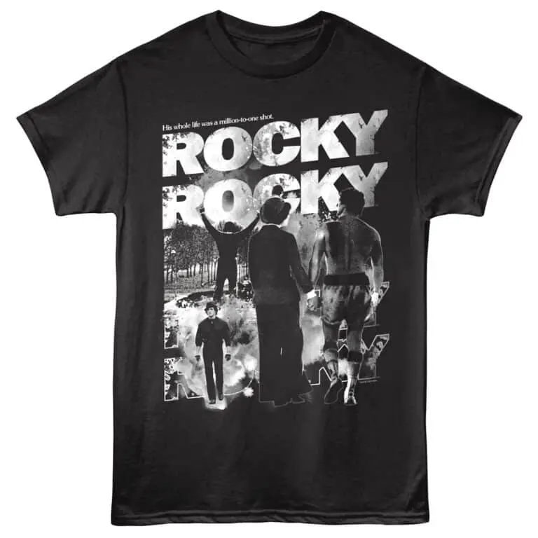 Black Rocky logo graphic T-shirt with movie scene print, perfect for fans of boxing and classic films.