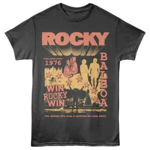 Rocky movie-themed T-shirt with vintage Philadelphia 1976 design, featuring boxing gloves, city skyline, and inspirational text.