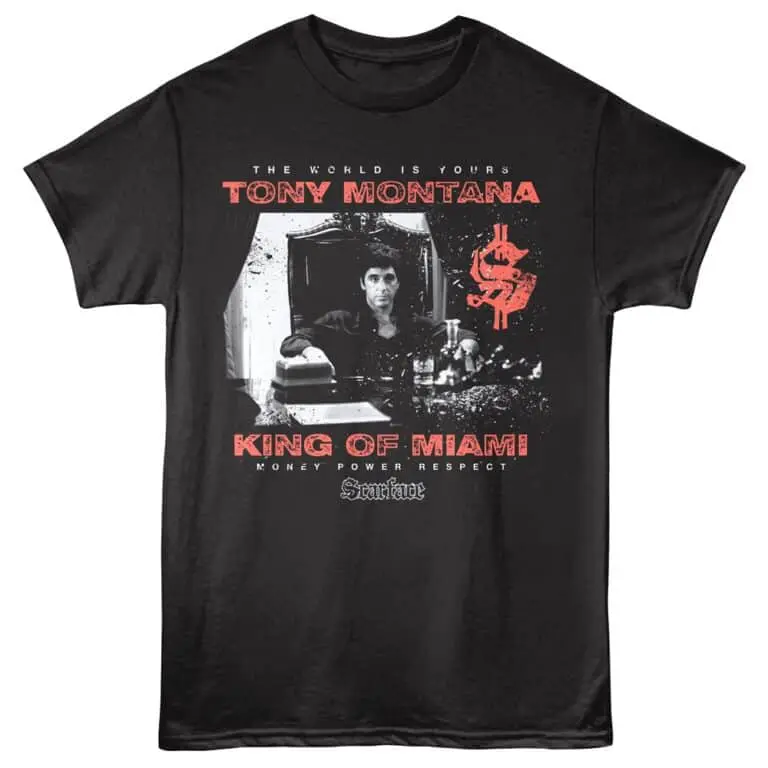 Tony Montana graphic T-shirt featuring Scarface-inspired design with gangster theme and bold red text, ideal for streetwear fans.