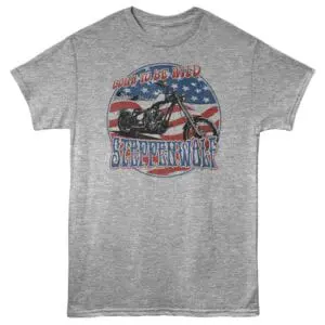 Retro motorcycle T-shirt featuring patriotic American flag and empowering slogan.
