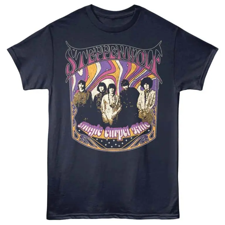 Psychedelic Steppenwolf band t-shirt with vintage graphic design and 1960s rock style.