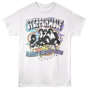 Colorful graphic tee featuring the band Stuffenhouses and the phrase "Magic Carpet Ride" for vintage rock fans.