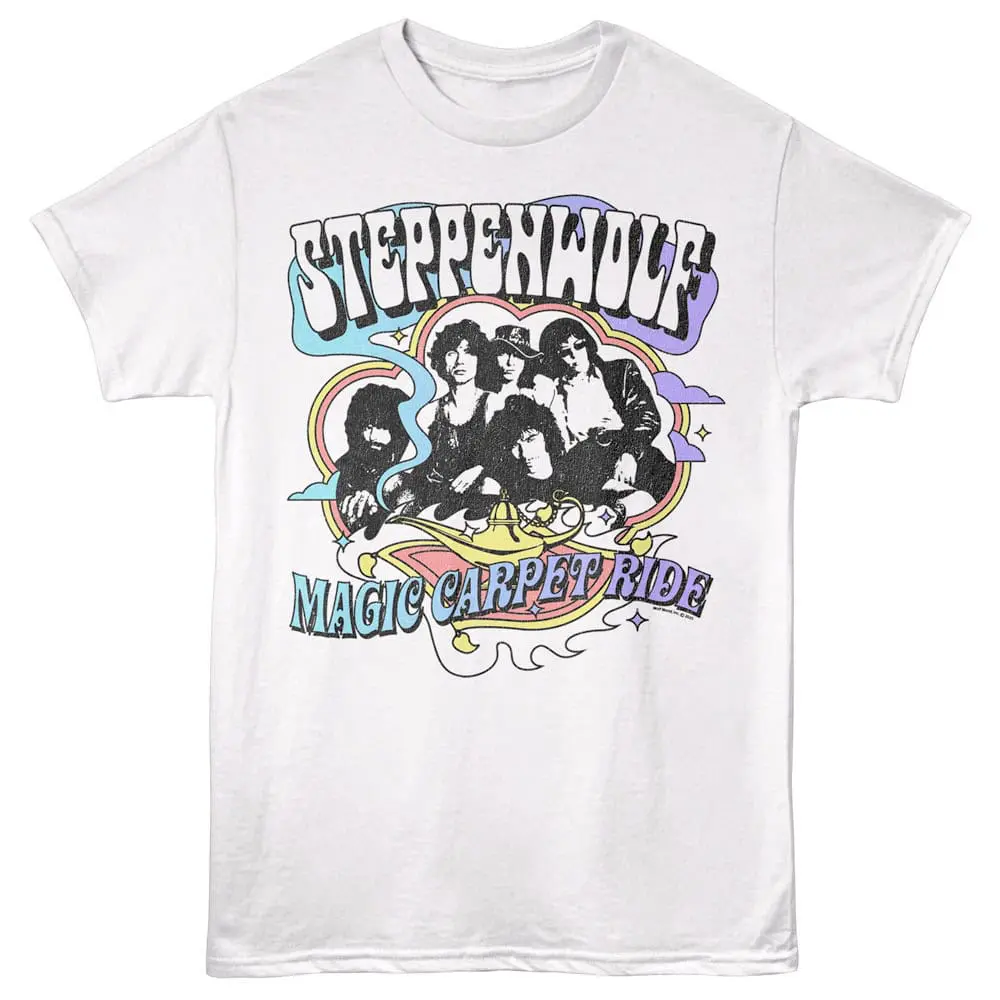 Colorful graphic tee featuring the band Stuffenhouses and the phrase "Magic Carpet Ride" for vintage rock fans.