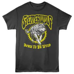 Vibrant wolf graphic T-shirt featuring wild animal art with "Born to Be Wild" slogan for adventure and rebellious style.