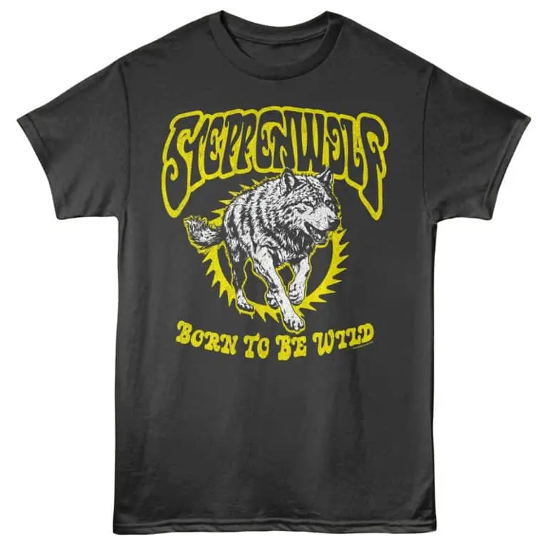Vibrant wolf graphic T-shirt featuring wild animal art with "Born to Be Wild" slogan for adventure and rebellious style.