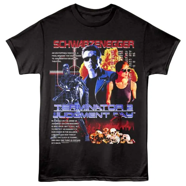 High-quality Terminator 2 Judgement Day graphic T-shirt featuring Schwarzenegger and Sarah Connor. Perfect for movie fans and collectors.