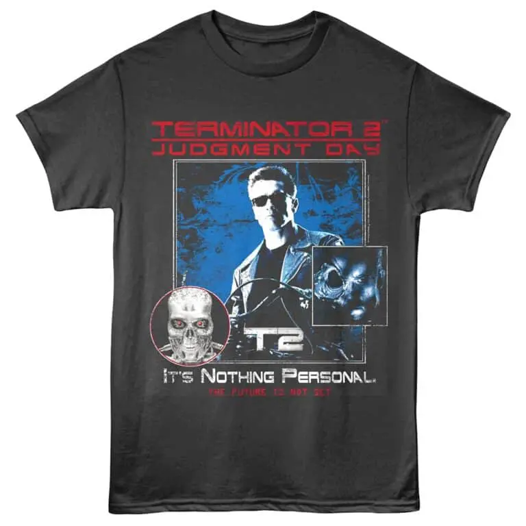 High-quality Terminator 2 Judgment Day graphic T-shirt featuring iconic characters and dark aesthetic.