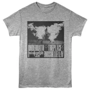 Portrait of a gray T-shirt with a world map design and bold text that reads "Underrate The Place".