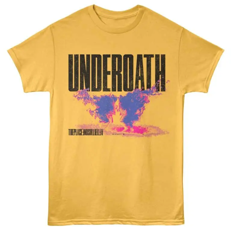 Vintage yellow graphic t-shirt with bold "UNDERATH" text and colorful smoke explosion design.