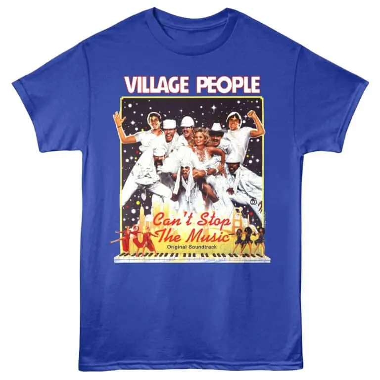 Colorful Village People album cover graphic on a blue T-shirt celebrating music and fun.