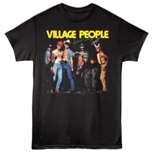 Vibrant Village People themed T-shirt featuring iconic costume and bold graphics.