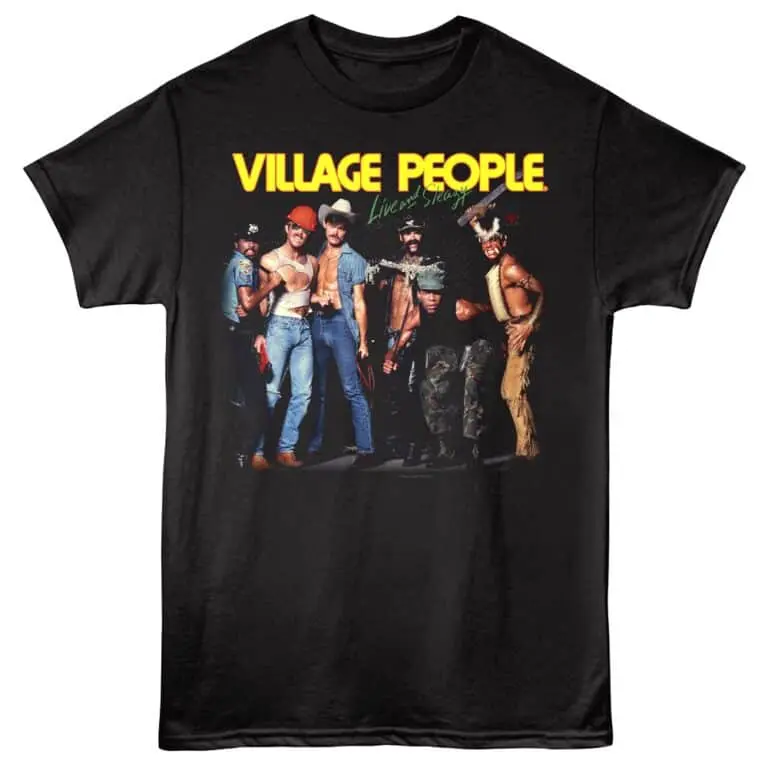Vibrant Village People themed T-shirt featuring iconic costume and bold graphics.