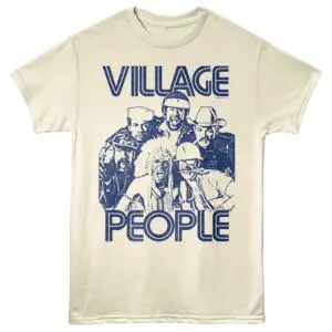 Bright white T-shirt featuring the iconic Village People graphic with diverse characters and bold text.