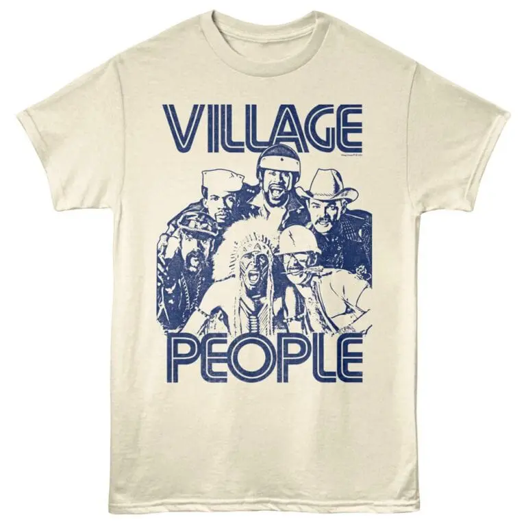 Bright white T-shirt featuring the iconic Village People graphic with diverse characters and bold text.