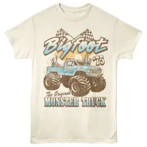 Vintage monster truck graphic with bold text and checkered flags design.