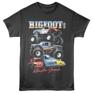Monster truck and racing car graphic T-shirt featuring Bigfoot and Monster Smash design for motorsport enthusiasts.