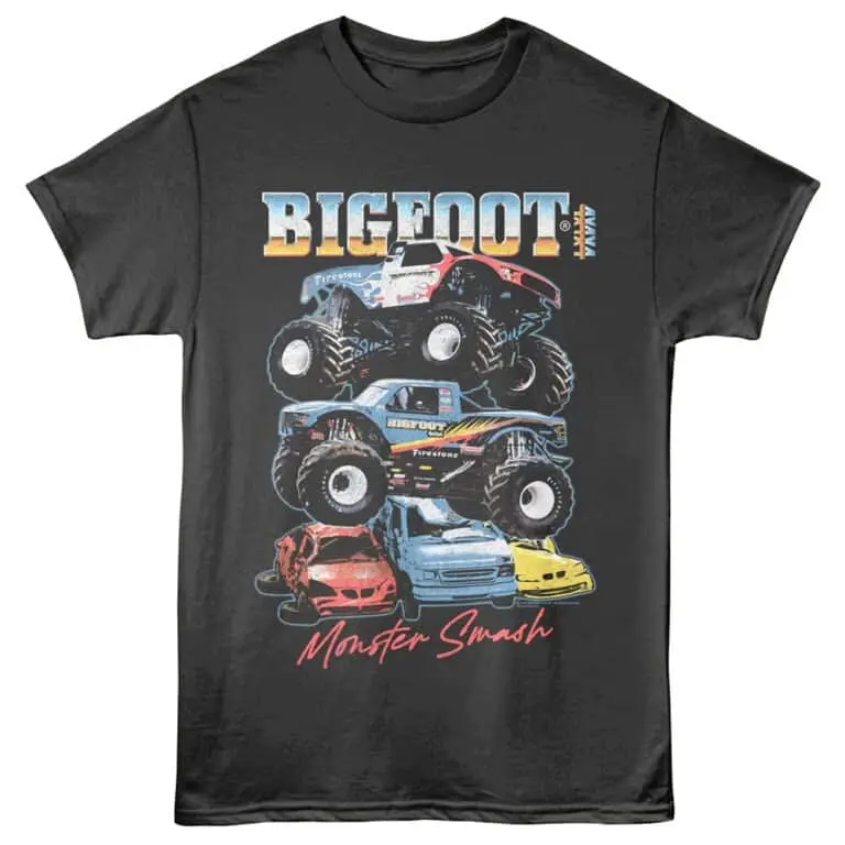 Monster truck and racing car graphic T-shirt featuring Bigfoot and Monster Smash design for motorsport enthusiasts.