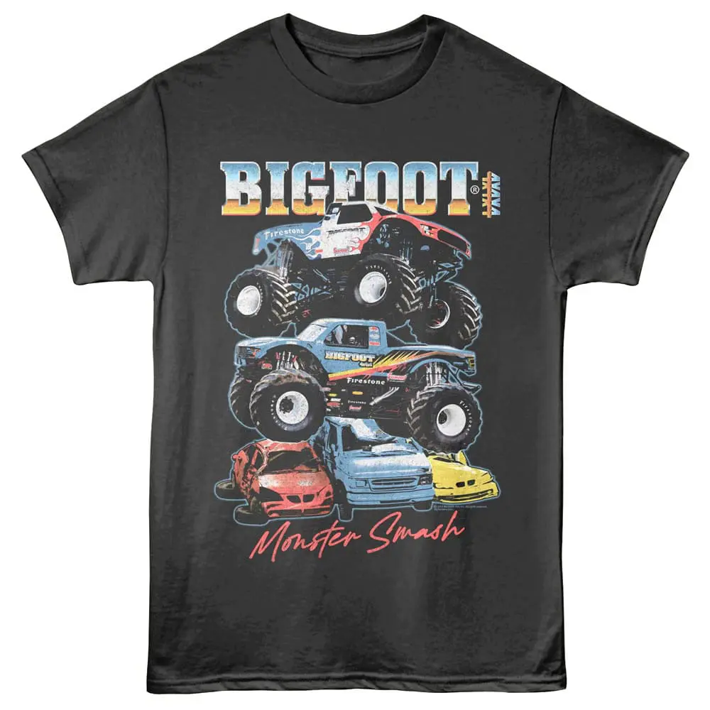 Monster truck and racing car graphic T-shirt featuring Bigfoot and Monster Smash design for motorsport enthusiasts.