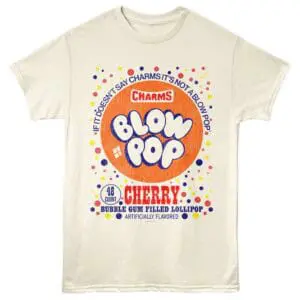 Bright graphic tee with cherry bubble gum bubble pop design, perfect for fun, casual wear.