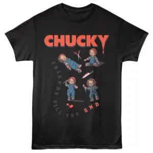 Graphic T-shirt featuring Chucky doll from Child's Play with horror-themed design.