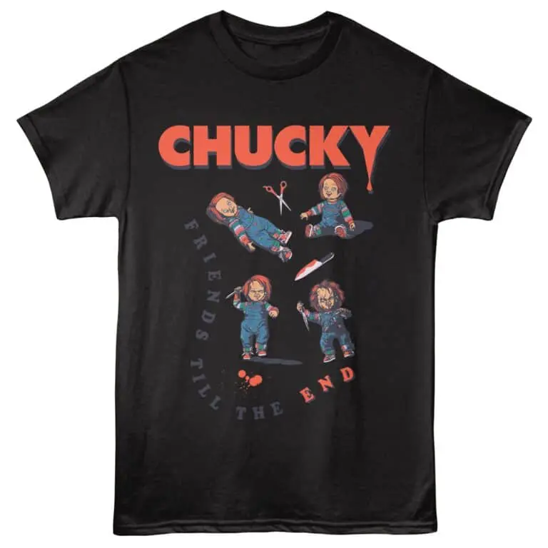 Graphic T-shirt featuring Chucky doll from Child's Play with horror-themed design.
