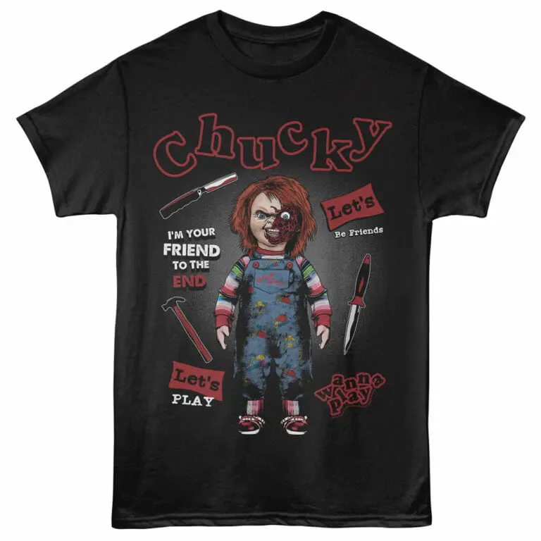 Horror-themed Chucky T-shirt featuring a creepy doll graphic, blood splatters, and chilling phrases for horror fans.
