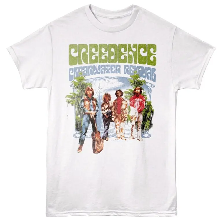 Vibrant psychedelic band t-shirt featuring four band members with colorful forest background, perfect for music fans.