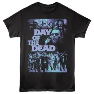 Dark graphic T-shirt featuring "Day of the Dead" zombie and skull design.