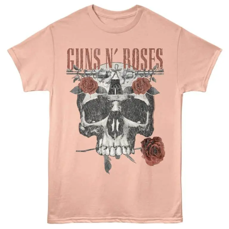 Stylish Guns N Roses skull graphic T-shirt with roses, perfect for rock music fans. Made from soft, comfortable fabric.