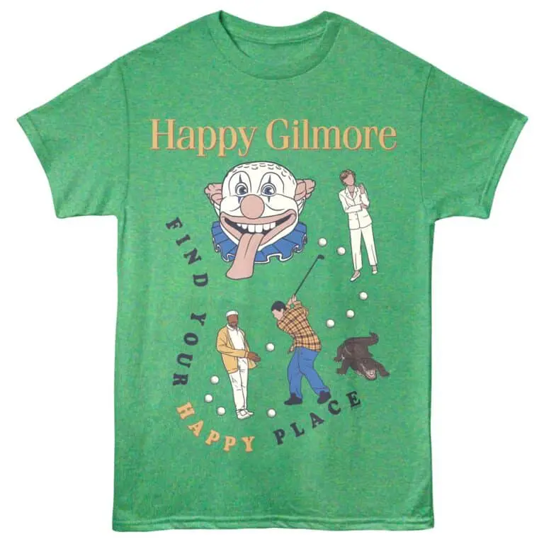 Playful graphic tee featuring Happy Gilmore characters and golf theme.