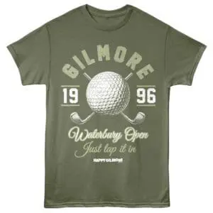 Golfmores golf t-shirt with golf ball and club graphics, ideal for Waterbury Open fans and golf enthusiasts.