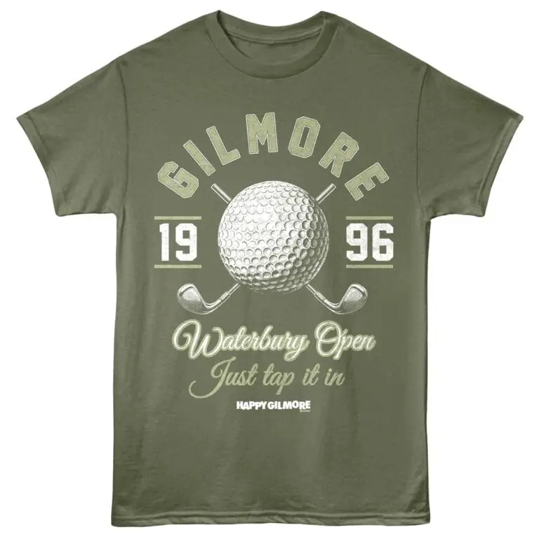 Golfmores golf t-shirt with golf ball and club graphics, ideal for Waterbury Open fans and golf enthusiasts.