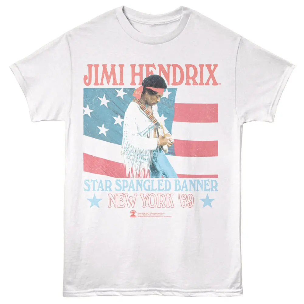 High-quality Jimi Hendrix t-shirt with iconic star-spangled American banner design. Perfect 1969 rock concert memorabilia.