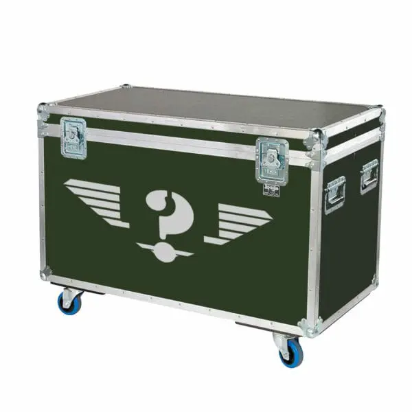 Durable black flight case with airline wing logo, sturdy metal locking latches, and caster wheels for transport.