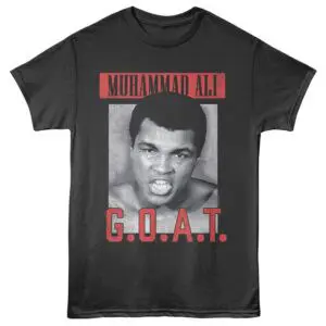 Black T-shirt with Muhammad Ali graphic and bold G.O.A.T. lettering, perfect for sports fans.