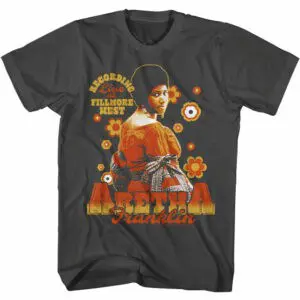 Vintage-inspired black graphic tee featuring Fredericka from Fallyore West with floral accents. Effective for streetwear fans and retro fashion.