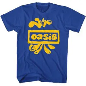 Colorful Oasis band logo T-shirt, bold blue fabric with yellow graphic design, ideal for music fans and vintage style.