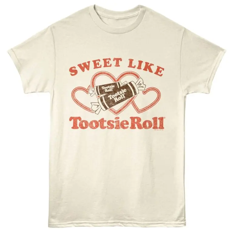 Fun vintage style Tootsie Roll graphic t-shirt for candy lovers and retro fashion fans.