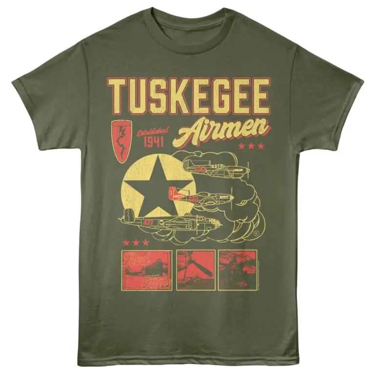 Tuskgee Airmen vintage t-shirt featuring aircraft illustrations and historical aviation insignia.